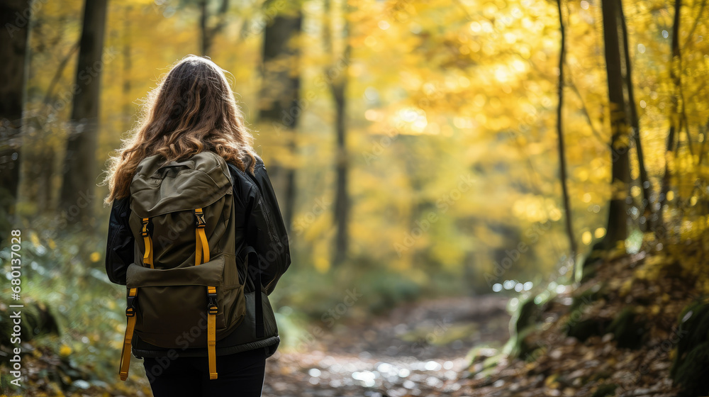A young woman with a backpack hiking in the forest outdoors
