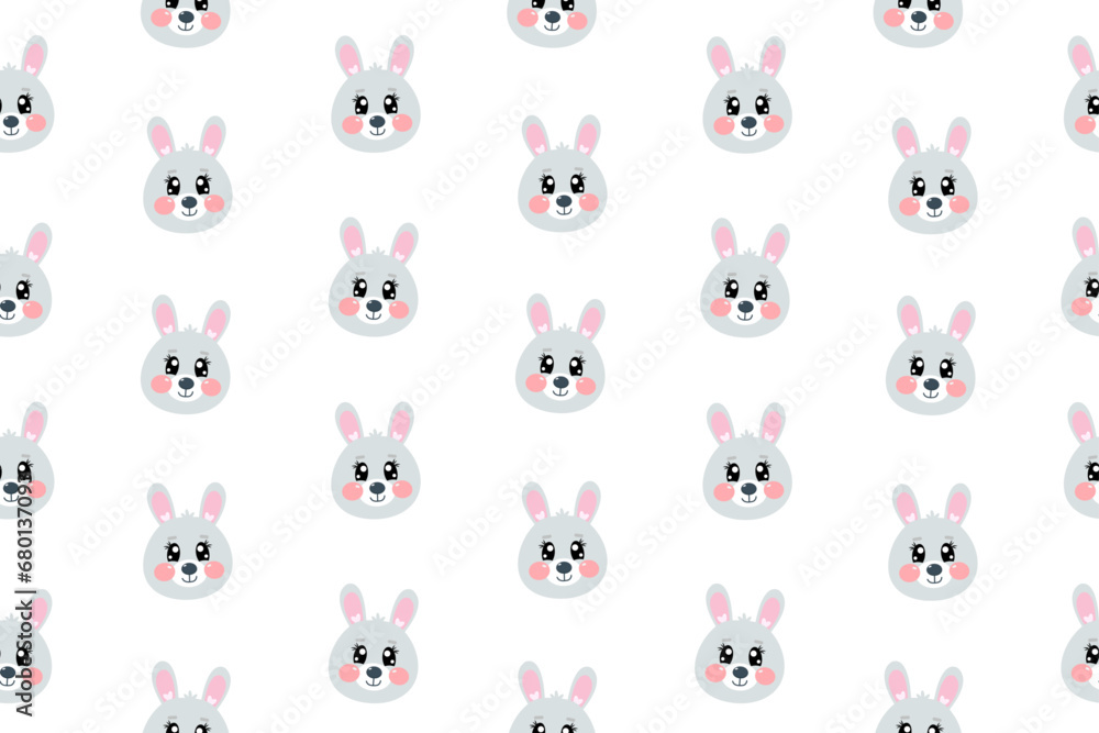 Fototapeta premium Seamless pattern with cartoon kawaii cute happy sweet face, head of grey bunny, rabbit face for children isolated on white background. Vector cartoon illustration for baby, kids