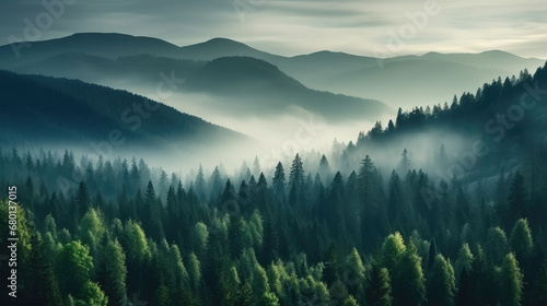 Cool toned misty valley overgrown with pine trees © evening_tao