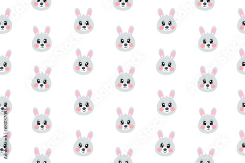 Seamless pattern with cartoon kawaii cute happy sweet face, head of grey bunny, rabbit face for children isolated on white background. Vector cartoon illustration for baby, kids