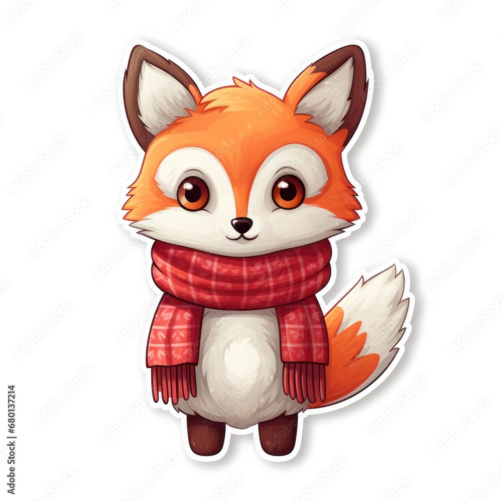 Cute Cartoon Christmas Fox with a Red Scarf  Illustration Sticker Isolated on a White Background