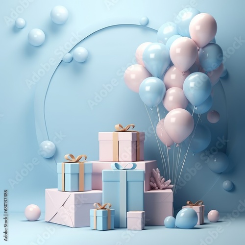 Pastel happy birthday background with balloons and colorful, luxurious, elegant and sophisticated gifts. Suitable for printing, birthday invitations, banners, cards.