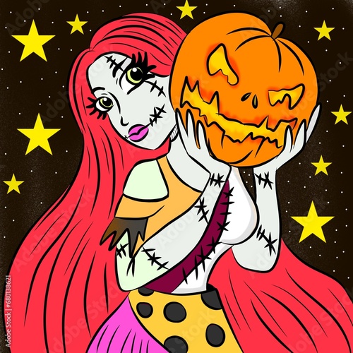 girl with halloween pumpkin illustration