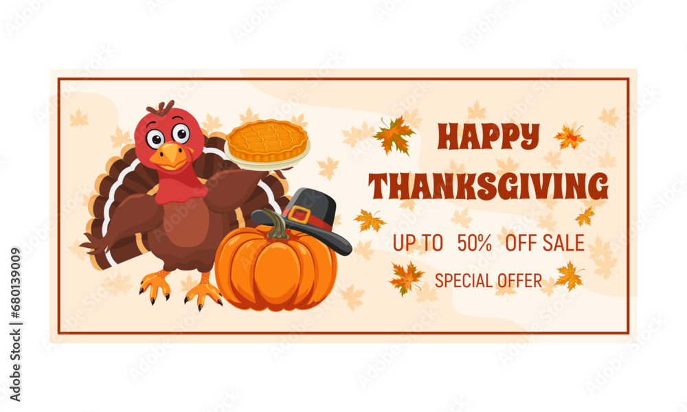 Banner with Thanksgiving sale text. Autumn discount poster with turkey bird, pumpkin, pumpkin pie, pilgrim hat. Vector illustration for poster, banner, special offer. Banner with Thanksgiving sale text. Autumn discount poster with turkey bird, pumpkin, pumpkin pie, pilgrim hat. Vector illustration for poster, banner, special offer.