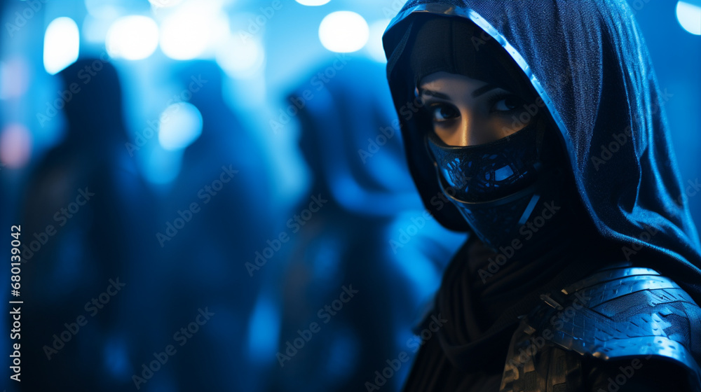  blue samurai ninja, deadly warrior in the shadows, terrifying assassin.