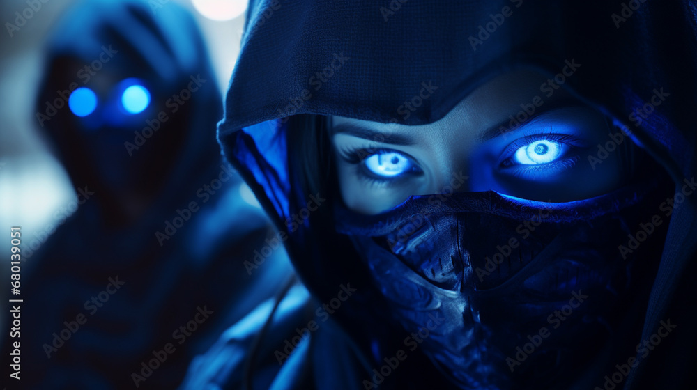  blue samurai ninja, deadly warrior in the shadows, terrifying assassin.