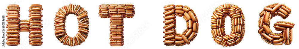 The word HOT DOG built with various hot dog sandwiches The word HOT DOG built with various hot dog sandwiches