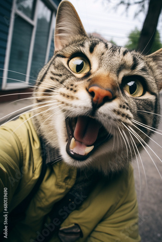 licking cat takes selfie, cute, fun, comic, realistic, low angle created with Generative Ai