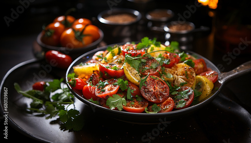 Image of a delicious Chilean salad with tomatoes, onions, coriander and olive oil. 