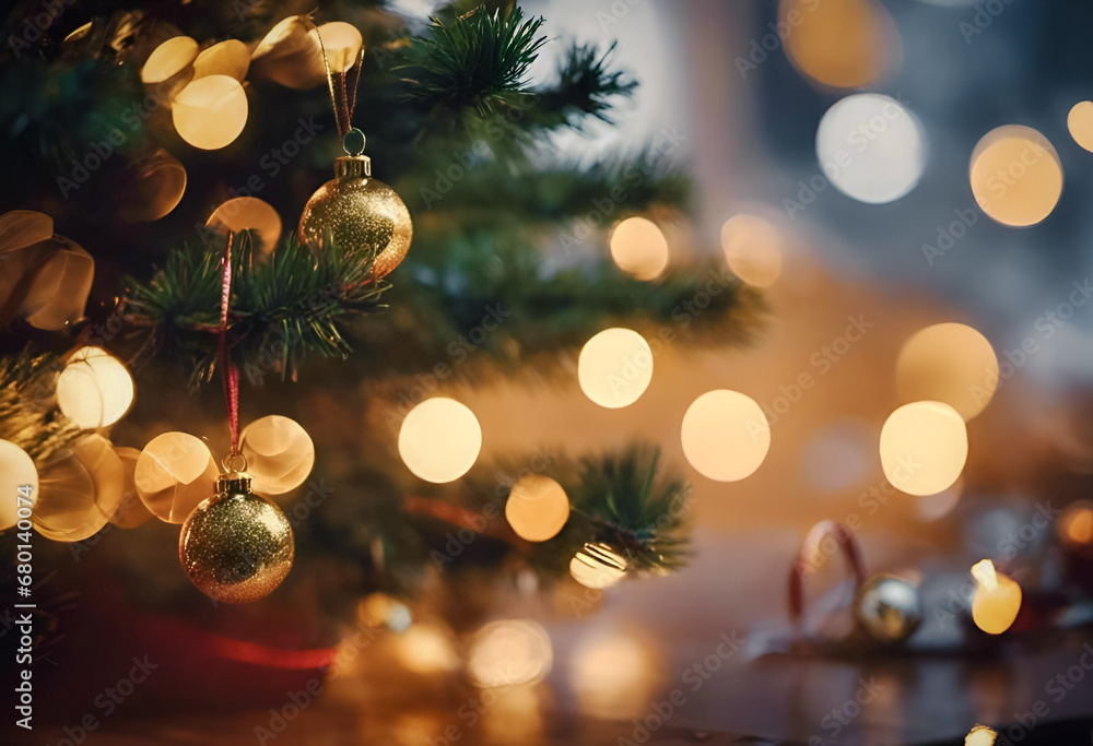 A picture with a Christmas atmosphere with golden decorations and a pine tree. A picture with a Christmas atmosphere with golden decorations and a pine tree.