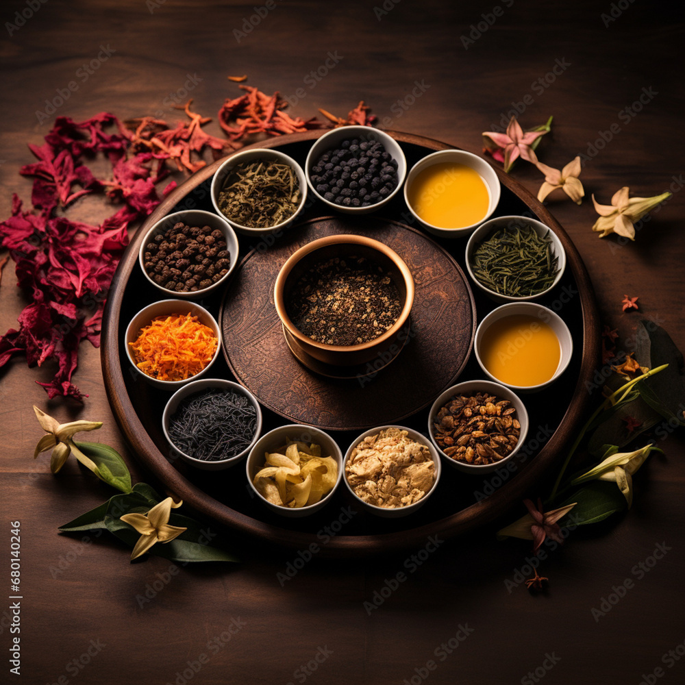 oriental spices on the table in bowls of different categories and colors created with Generative Ai