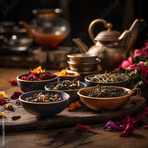 oriental spices on the table in bowls of different categories and colors created with Generative Ai