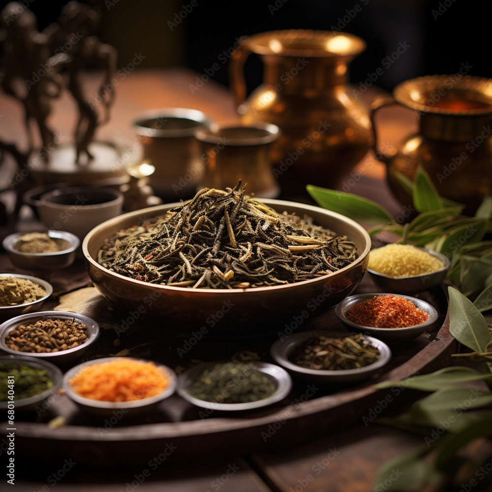 Fototapeta premium oriental spices on the table in bowls of different categories and colors created with Generative Ai