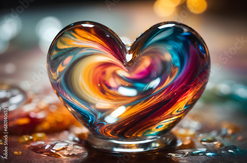 A kaleidoscope of colors swirl within a delicate glass heart, capturing the beauty and fragility of love.,AI © Phanuwhat