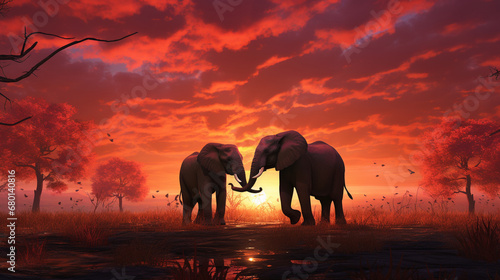 elephants at sunset in continent © AA