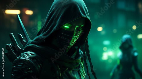 green samurai ninja, deadly warrior in the shadows, terrifying assassin. photo