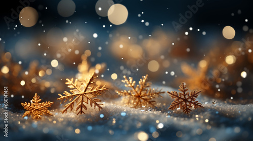 Snowflakes macro  bokeh background. Merry Christmas and Happy Holidays greeting card  frame  banner. New Year. Noel. Winter xmas theme.