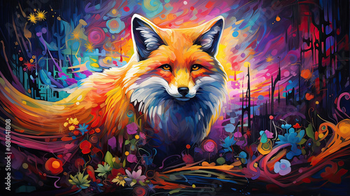 Artistic impression of a fox's dreamscape filled with vibrant hues AI generative