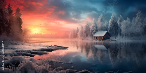 Lonely hut by the lake. Sunset over the lake. Fantasy winter forest landscape. Digital art 