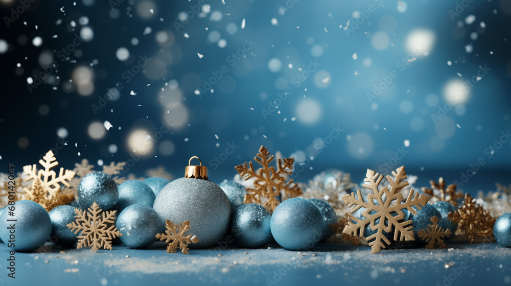 Snowflakes and christmas ornaments, bokeh background. Merry Christmas and Happy Holidays greeting card, frame, banner. New Year. Noel. Winter xmas theme. Snowflakes and christmas ornaments, bokeh background. Merry Christmas and Happy Holidays greeting card, frame, banner. New Year. Noel. Winter xmas theme.