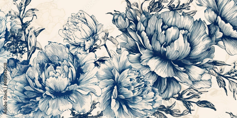 AI Generated. AI Generative. Retro vintage paint drawing ink sketch peonies flowers in blue old style. Can be used for decoration of wedding card or romantic fashion postcard.  Graphic Art - obrazy, fototapety, plakaty 