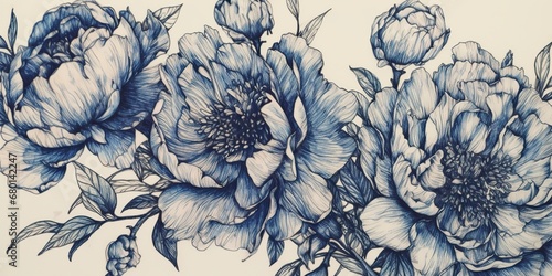 Wallpaper Mural AI Generated. AI Generative. Retro vintage paint drawing ink sketch peonies flowers in blue old style. Can be used for decoration of wedding card or romantic fashion postcard.  Graphic Art Torontodigital.ca