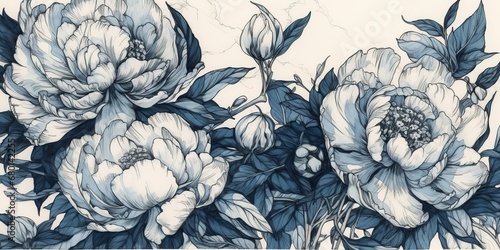 Fototapeta Naklejka Na Ścianę i Meble -  AI Generated. AI Generative. Retro vintage paint drawing ink sketch peonies flowers in blue old style. Can be used for decoration of wedding card or romantic fashion postcard.  Graphic Art