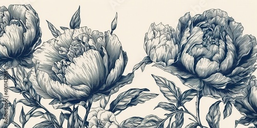 AI Generated. AI Generative. Retro vintage paint drawing ink sketch peonies flowers in blue old style. Can be used for decoration of wedding card or romantic fashion postcard.  Graphic Art #680142266