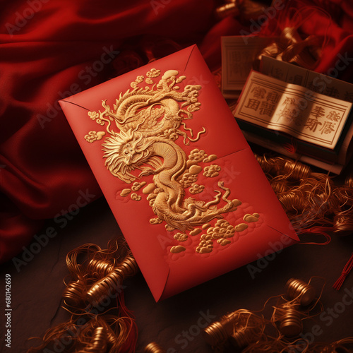 chinese new year card red envelope gold dragon 