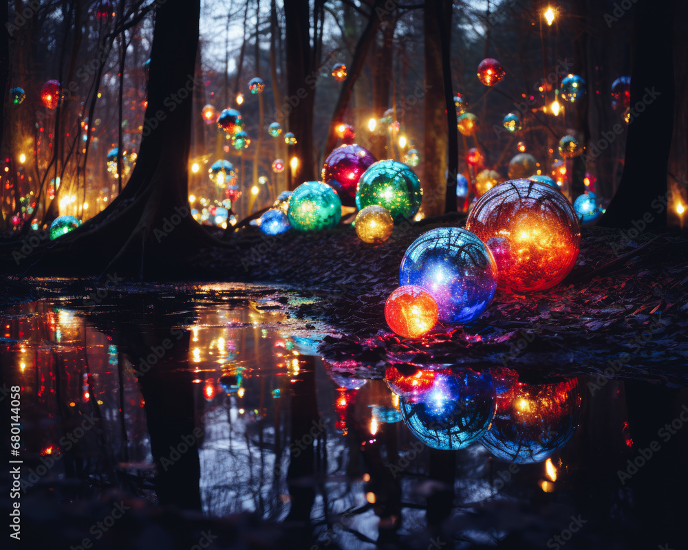 Outside concept with colorful xmas balls in the forest. Outside concept with colorful xmas balls in the forest.