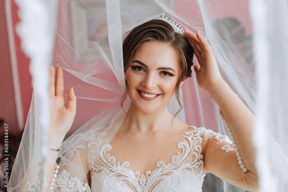 Beautiful bride, attractive woman in a wedding dress, under a veil, fashionable hairstyle and makeup. Happy bride woman. Smiling bride. Wedding day. A gorgeous bride. Marriage. Beautiful bride, attractive woman in a wedding dress, under a veil, fashionable hairstyle and makeup. Happy bride woman. Smiling bride. Wedding day. A gorgeous bride. Marriage.