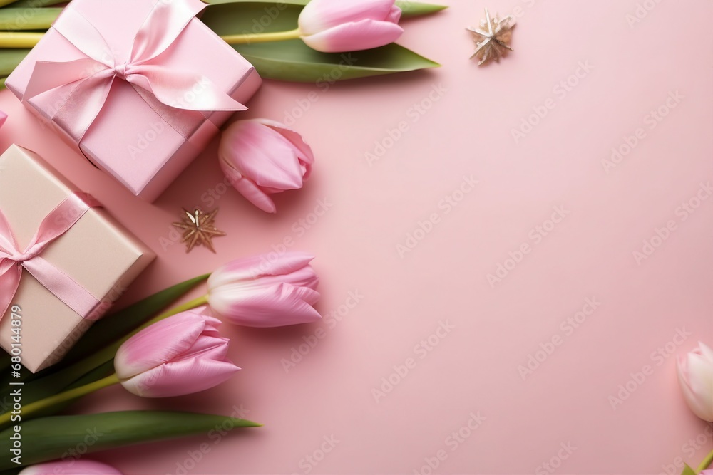 Mother's Day decorations concept. Top view photo of trendy gift boxes with ribbon bows and tulips on isolated pastel pink background with copyspace. generative ai.