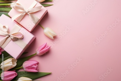 Mother's Day decorations concept. Top view photo of trendy gift boxes with ribbon bows and tulips on isolated pastel pink background with copyspace. generative ai. © SEUNGJIN