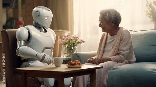 Future Smart Elderly Care AI Robot Assistant Nurse. Innovative Personal Android Companion Talking to Retired Old Lady. Chatting, Emotional Support, Helping Senior Woman with her Daily Life photo