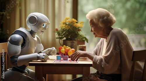 Future Smart Elderly Care AI Robot Assistant Nurse. Innovative Personal Android Companion Talking to Retired Old Lady. Chatting, Emotional Support, Helping Senior Woman with her Daily Life photo