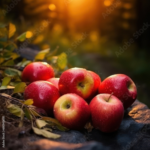 A cluster of shiny red apples with leaves on a 