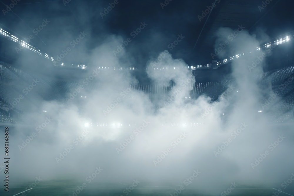Smoke and fog in a stadium for inaugurating an event or tournament - obrazy, fototapety, plakaty 