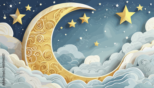 papercut style half moon and star background with clouds design