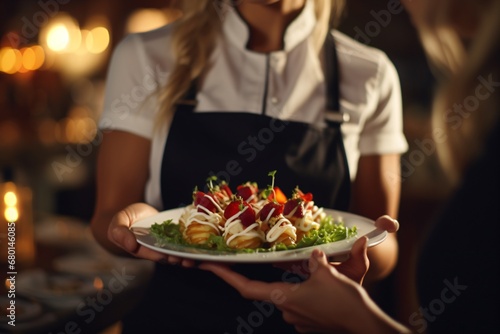 Closeup of a female waiter carrying and serving food plates photo