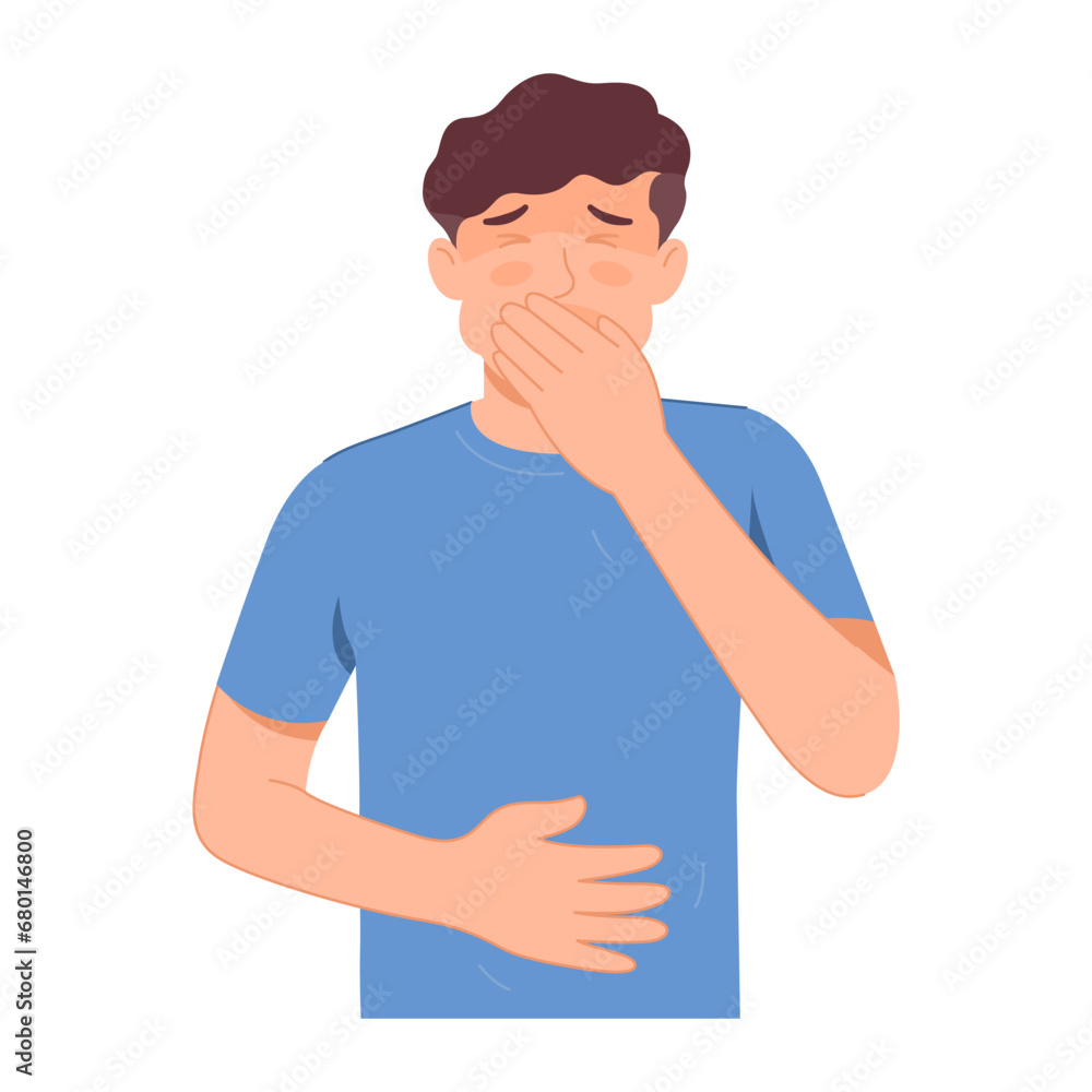 Man has food poisoning and feels acute nausea and vomiting. Gastrointestinal disorders due to infection with viruses in food contaminated with toxins, severe diarrhea.