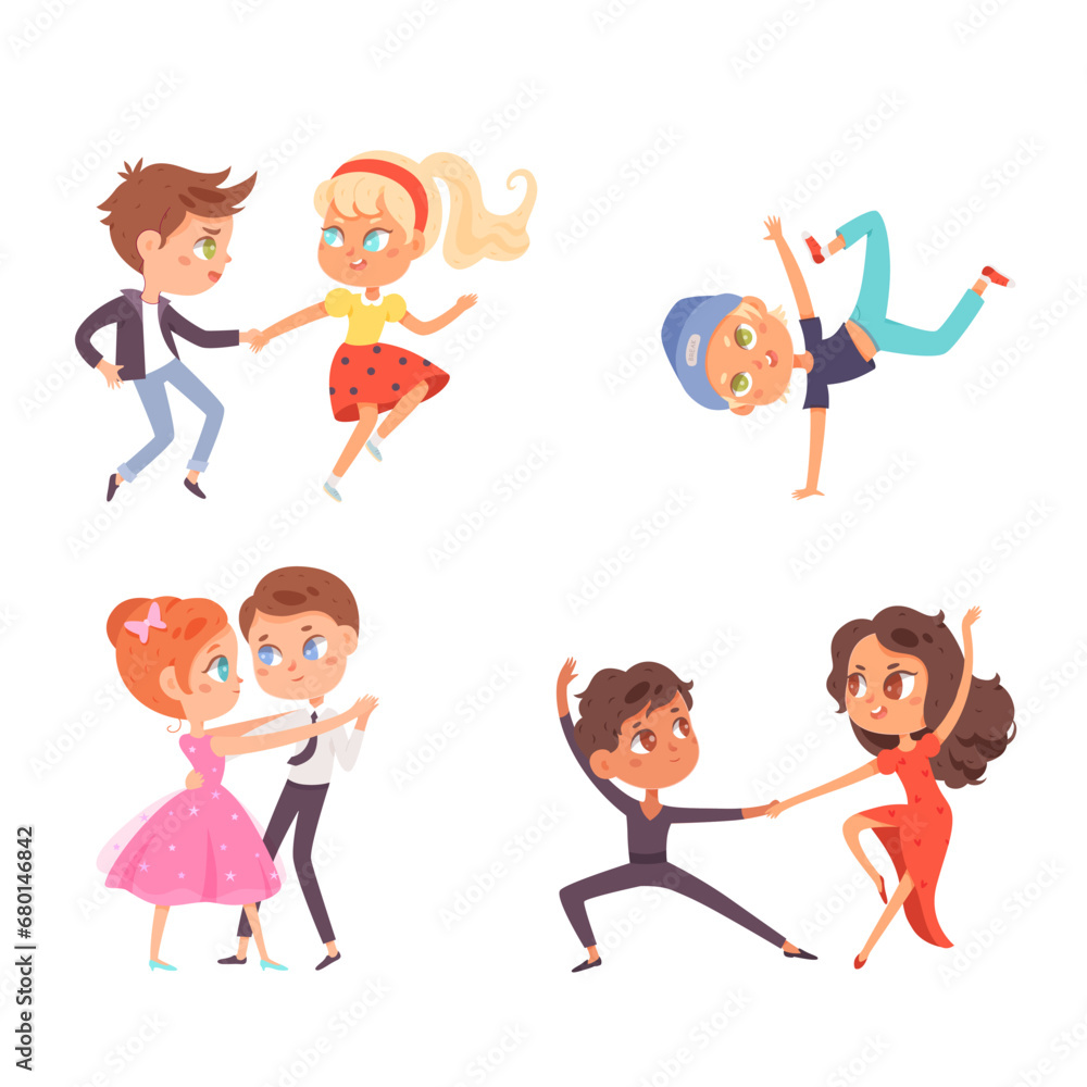 Children dance. Happy boys and girls perform various dance numbers. Child dancing studio. Friendly sport kids battle. Cute colorful cartoon kids vector illustration set. Happiness, gladness and fun Children dance. Happy boys and girls perform various dance numbers. Child dancing studio. Friendly sport kids battle. Cute colorful cartoon kids vector illustration set. Happiness, gladness and fun