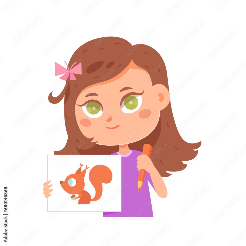 Cute girl with pencil shows picture of squirrel painting by her at school or home. Young child painter. Children art. Creative kids. Learning, education, playing concept. Cartoon vector illustration Cute girl with pencil shows picture of squirrel painting by her at school or home. Young child painter. Children art. Creative kids. Learning, education, playing concept. Cartoon vector illustration