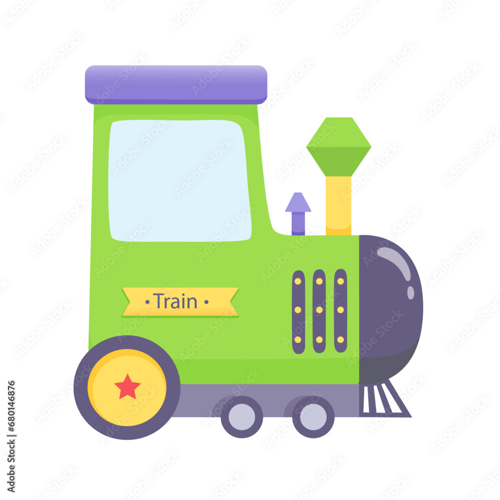 Cartoon train vector illustration. Cute children green locomotive toy isolated on white background. Colorful railway transport. Fast delivery service, courier delivery. Funny holidays, vacation, trip Cartoon train vector illustration. Cute children green locomotive toy isolated on white background. Colorful railway transport. Fast delivery service, courier delivery. Funny holidays, vacation, trip