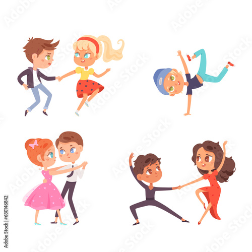 Children dance. Happy boys and girls perform various dance numbers. Child dancing studio. Friendly sport kids battle. Cute colorful cartoon kids vector illustration set. Happiness, gladness and fun