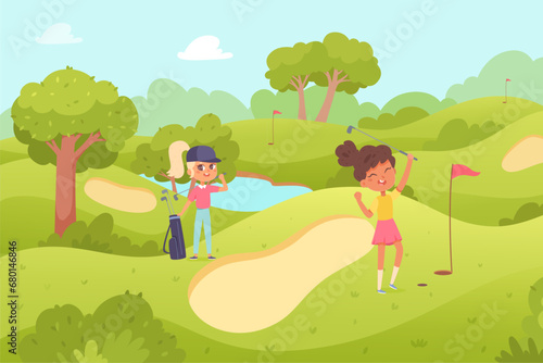 Children play golf on golf course, cute teen holding club, happy girls playing fun game