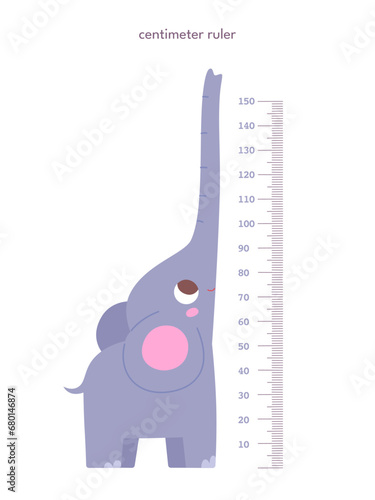 Kids height ruler in centimeters with elephant for growth measure. Cute cartoon cheerful tall animal vector illustration isolated on white background. Children wall sticker for kindergarten or home