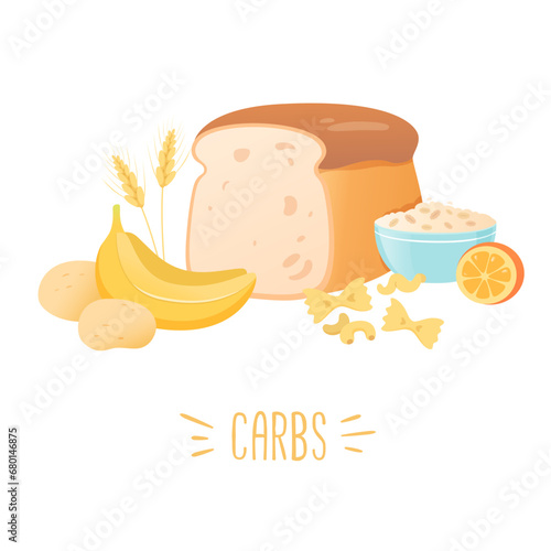 Carbohydrates products vector illustration. Carbs food. Bread, banana, pasta, potatoes, cereals. Nutrient complex diet of organic natural products. Healthy lifestyle. Daily ration. Wholesome breakfast