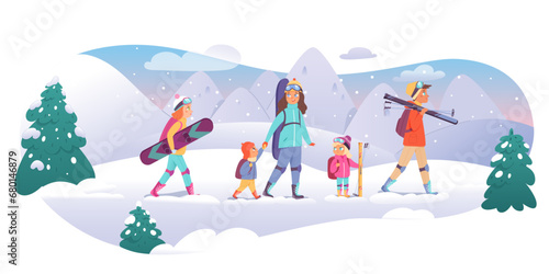 Family skiers set vector illustration. Cartoon portraits of father, mother, daughters and son on winter vacation in ski resort, adults and children going to slope to ride skis and snowboards