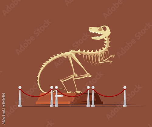 Paleontology museum with dinosaur fossils vector illustration. Cartoon paleontological exhibition with prehistoric dino skeleton. Historical artefacts and sculls on pedestals. Science concept
