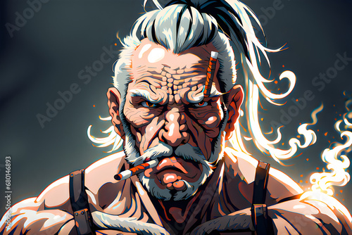 A muscular old man with ponytails and a cigarette in his mouth looks at me with fierce eyes. generative AI 